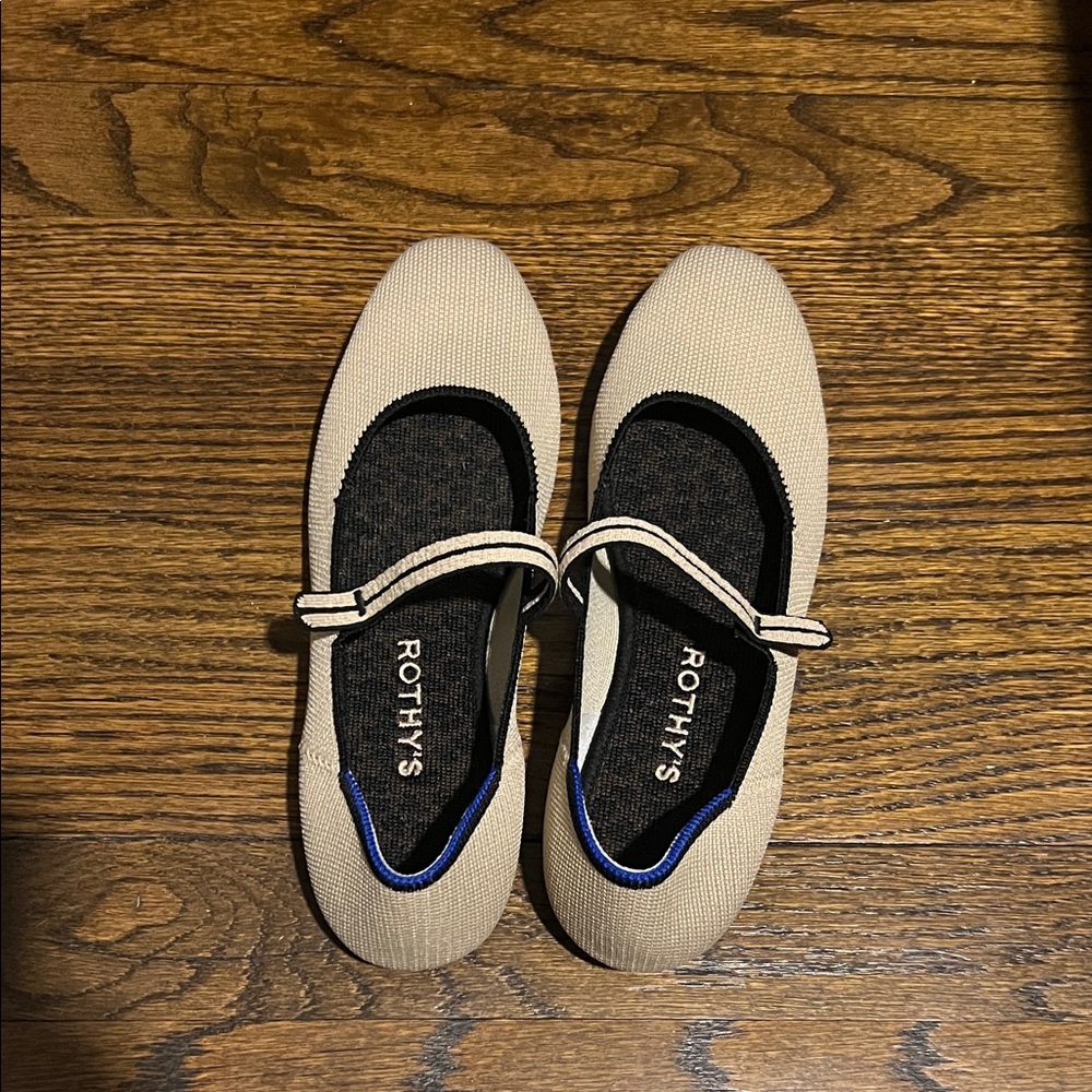 Rothy's Beige and Black Square Mary Jane Flats